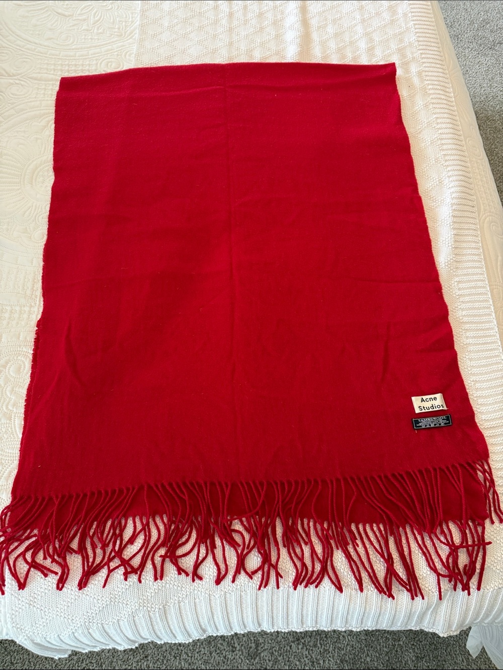 Acne Studios Red Lambswool Fringed Scarf | Made in Italy | 28x80 | Oversized